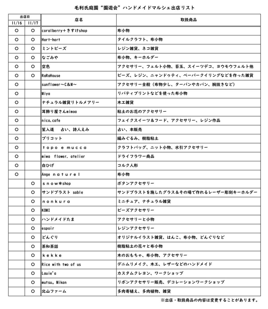 園遊会ハンドメイドマルシェ出店リスト